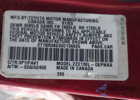 2003 Toyota Corolla Le from USA, damaged, VIN 2T1BR38E33C136925